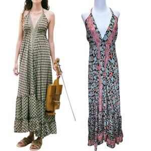 Karma Highway, “Tiered Magic” Maxi Dress Boho Halter Adjustable, Black, One Size